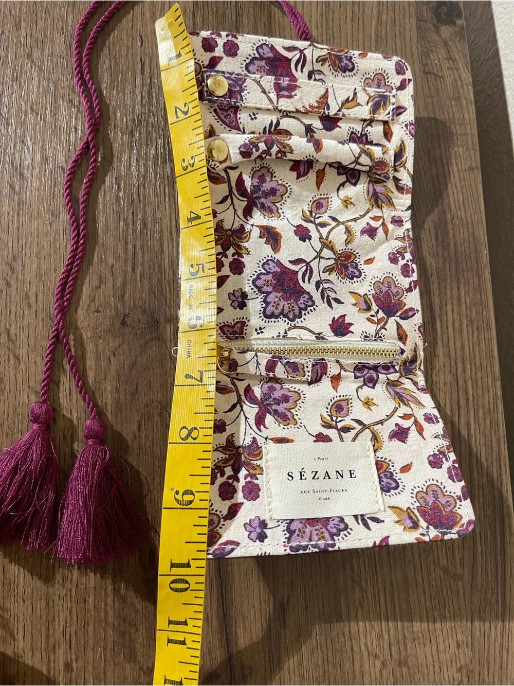 Sézane Cream Floral Crossbody Pouch with Plum Tassel Strap